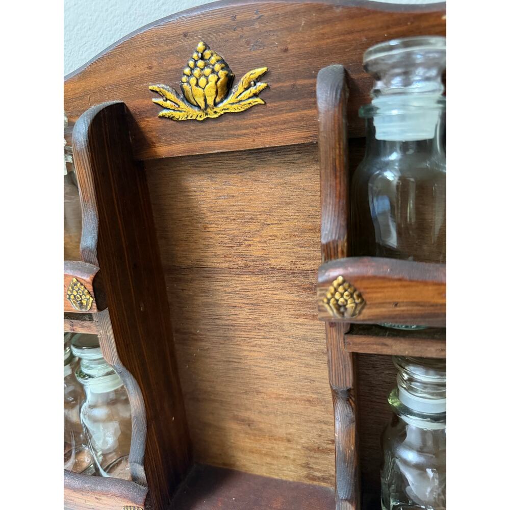 Vintage Mid-Century Wooden Apothecary Spice Rack Wall Mount with Glass Bottles - Picture 6 of 10
